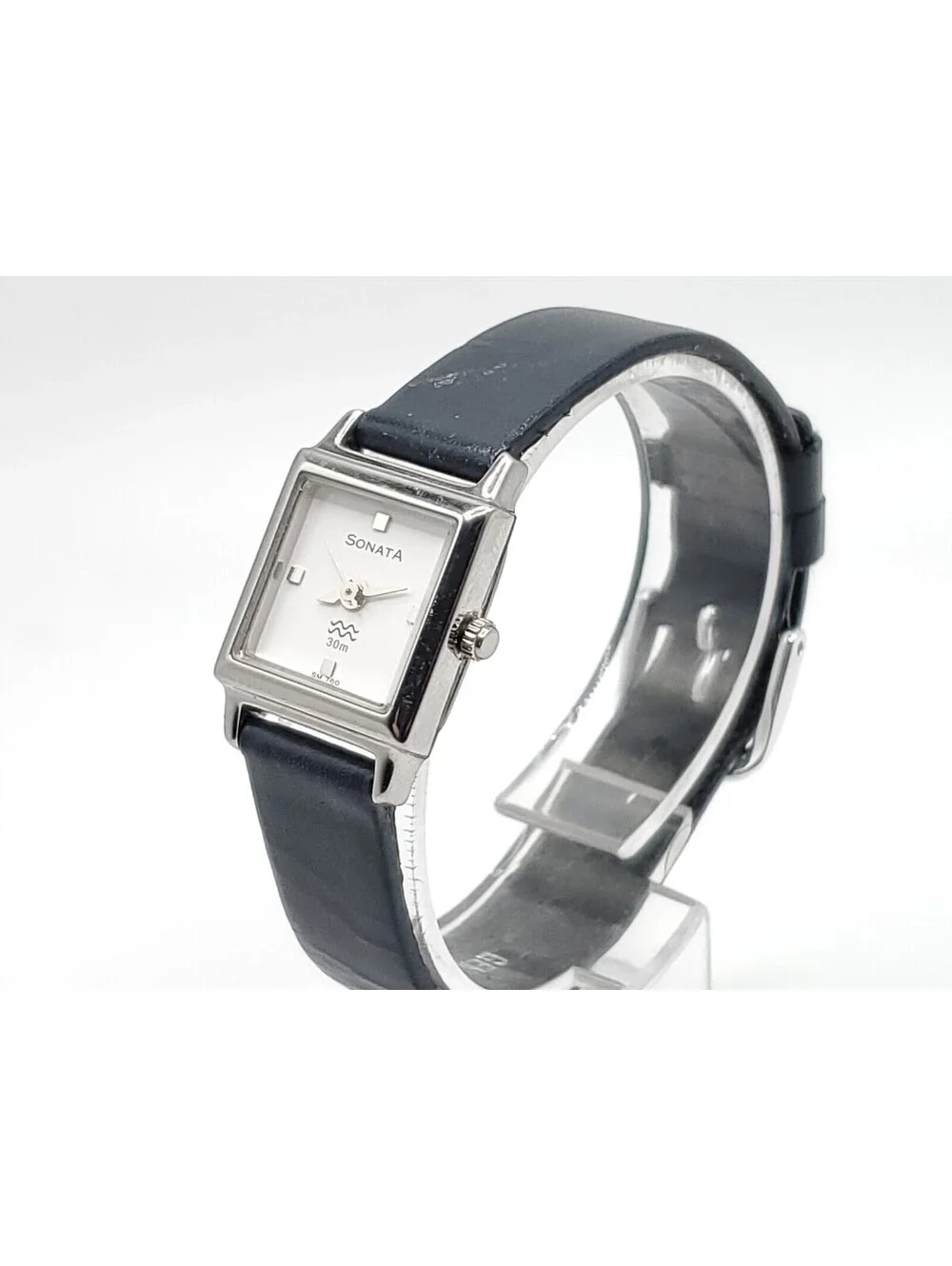 Sonata Quartz Watch Womens New Battery Silver Tone Black Band Square 17mm